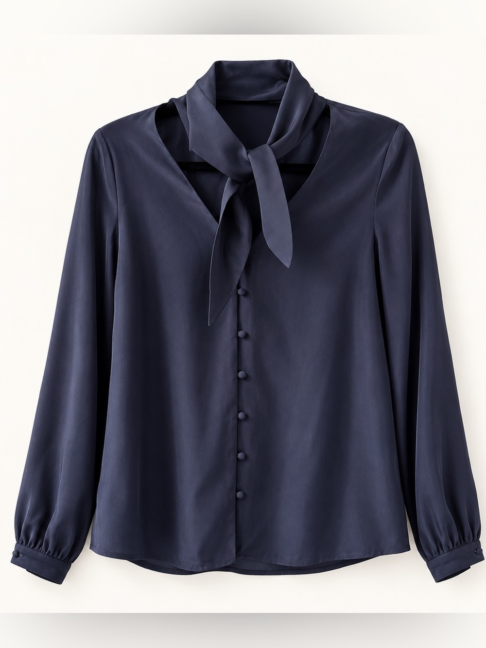 FRAME 100% Silk Scarf Tie Blouse – Dark Navy – Size S
